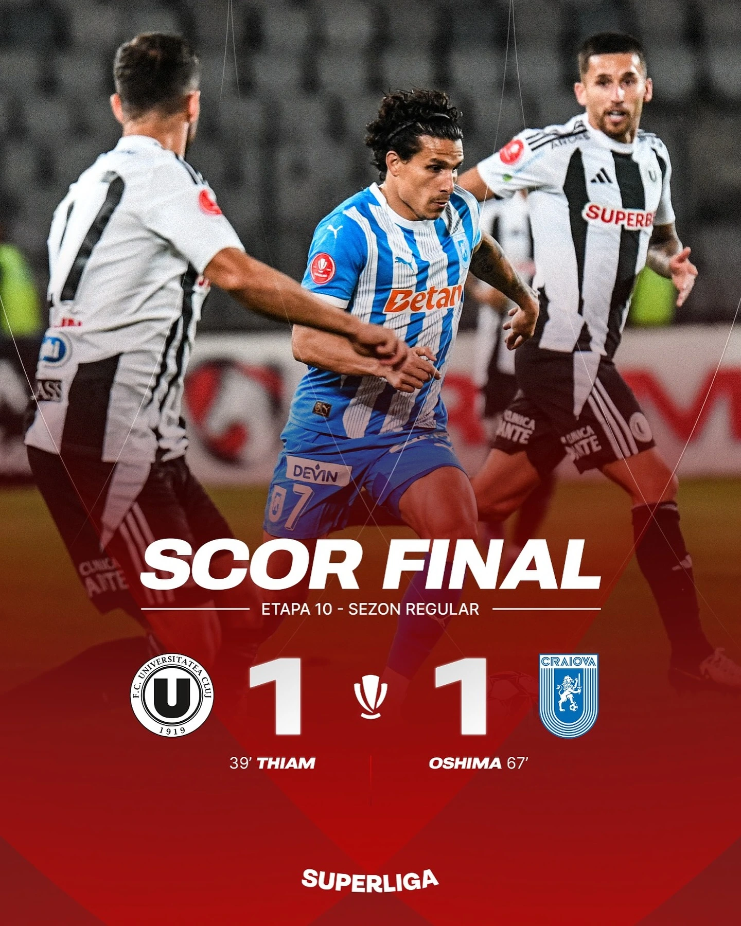 Universitatea Cluj si Universitatea Craiova au incheiat la egalitate 1-1, intr-o partida din etapa a 10-a a Superligii