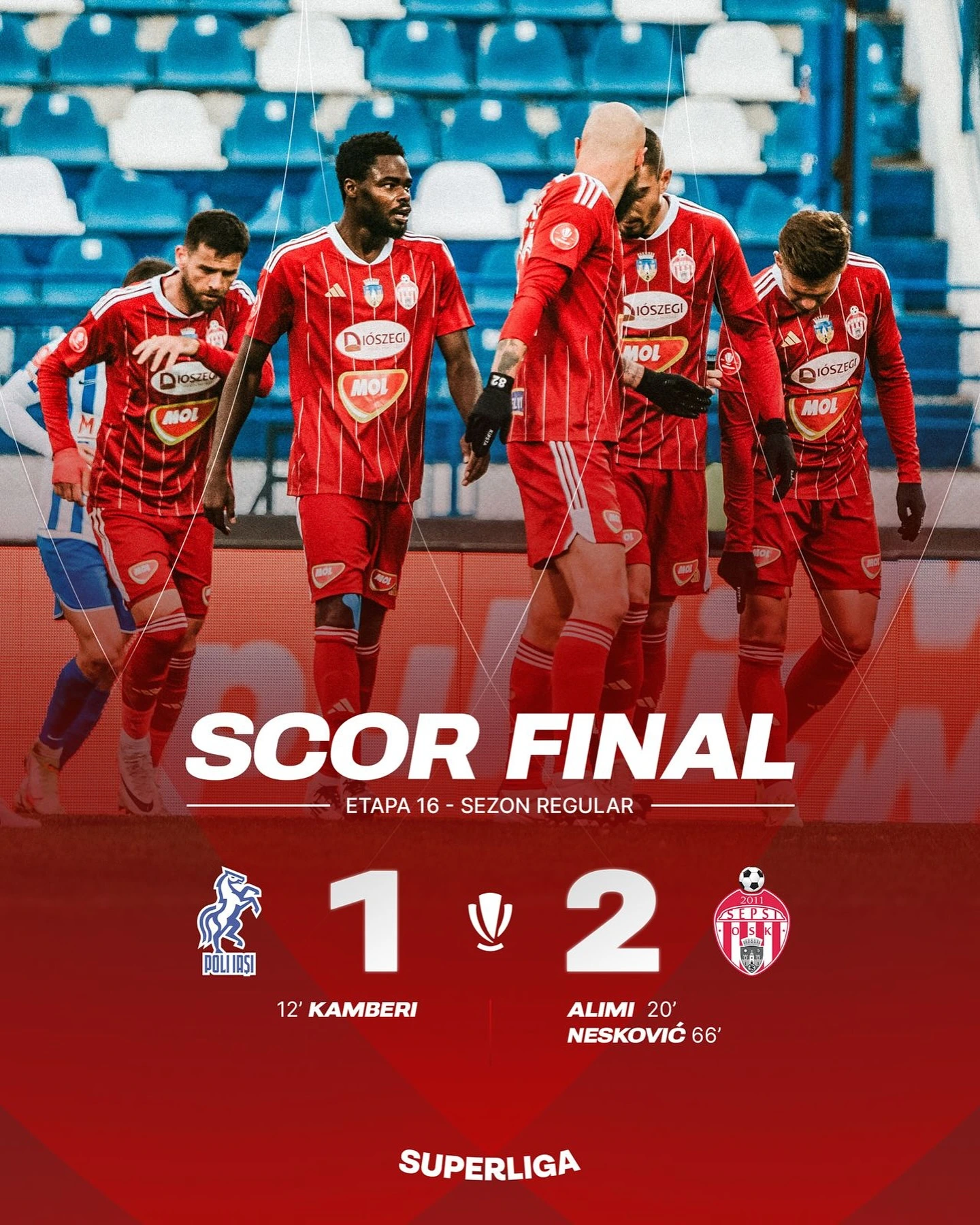 Poli Iasi - Sepsi 1-2 etapa 16 Superliga Liga 1