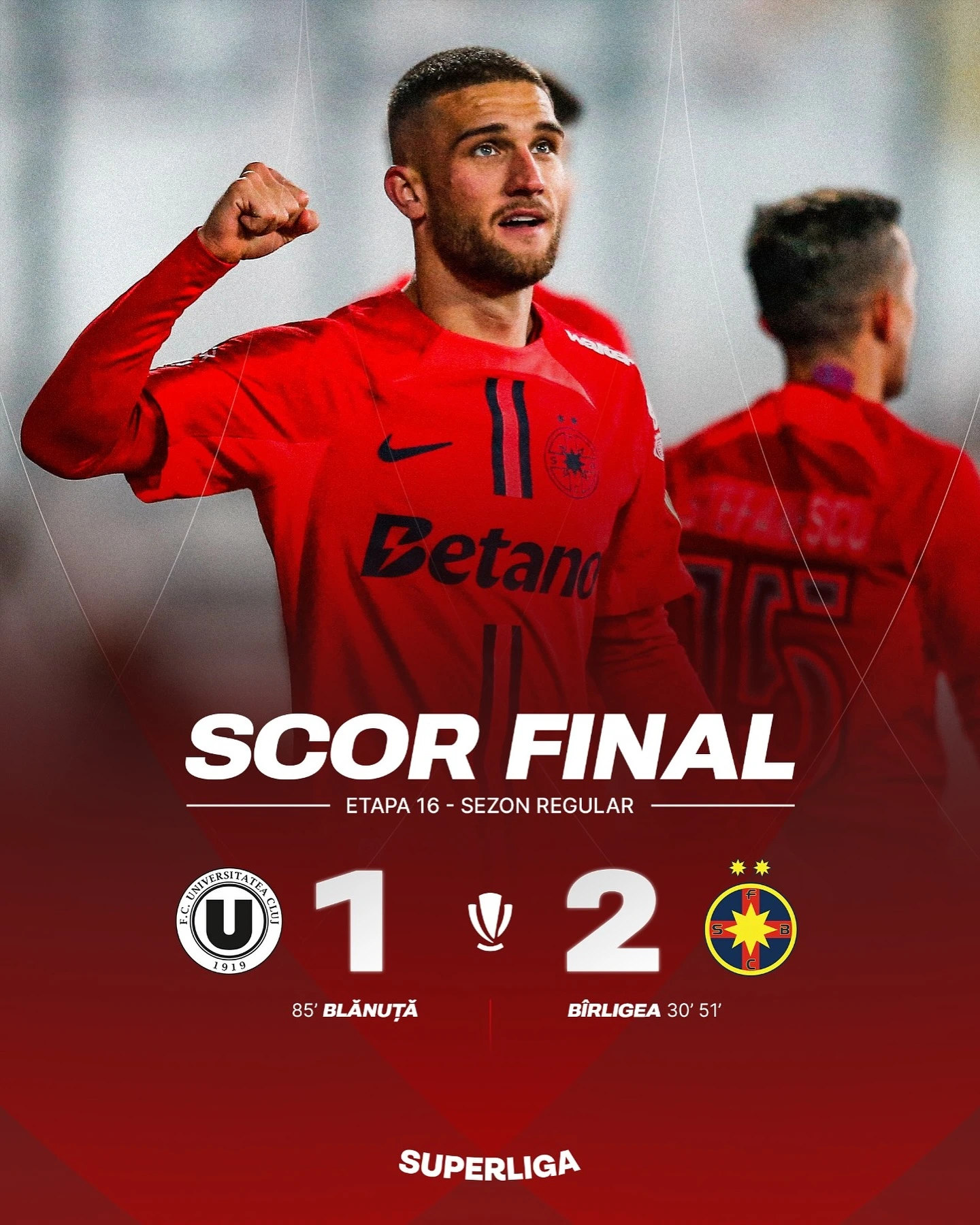 Universitatea Cluj - FCSB 1-2 etapa 16 Superliga