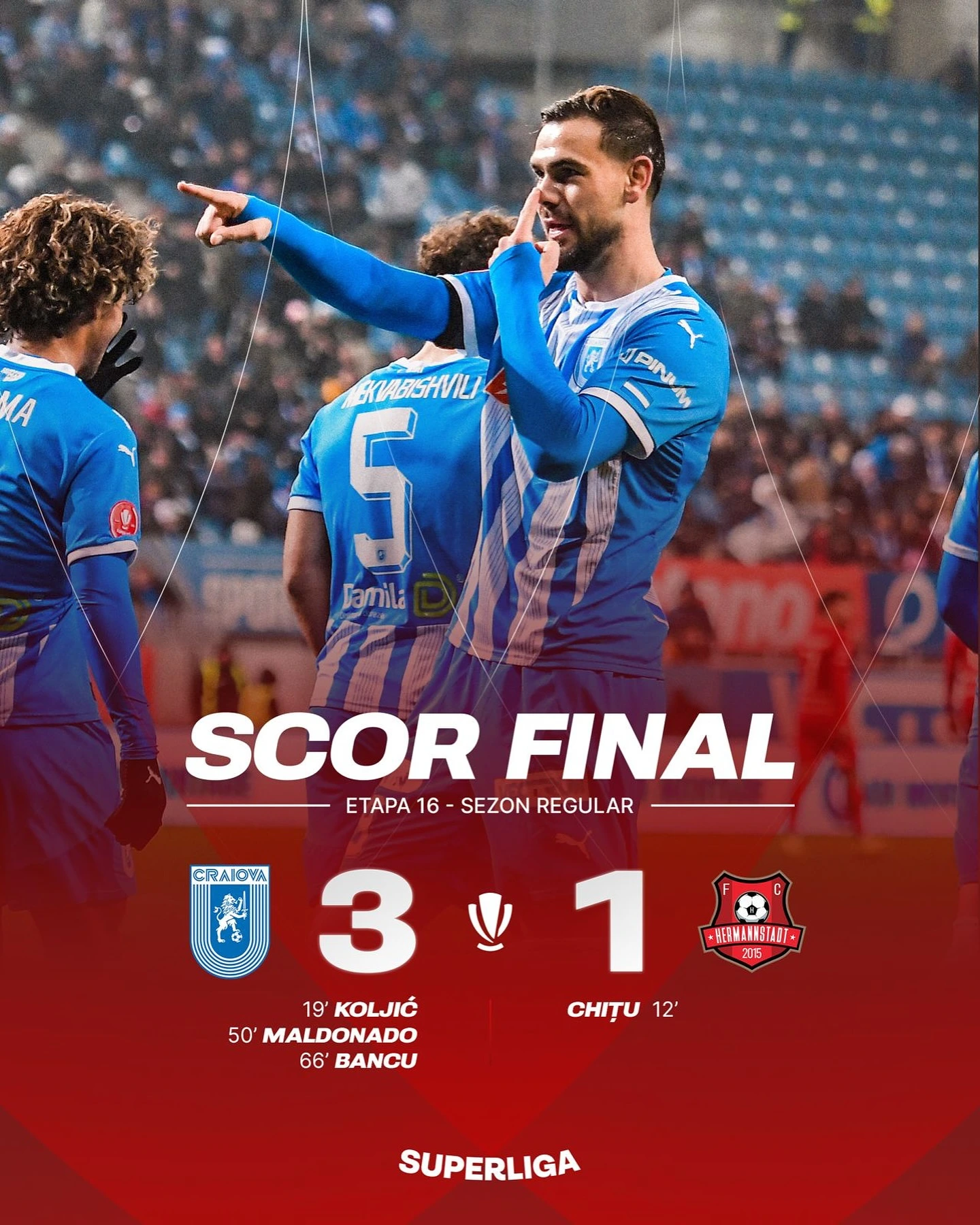 Universitatea Craiova - Hermannstadt 3-1 etapa 16 Superliga