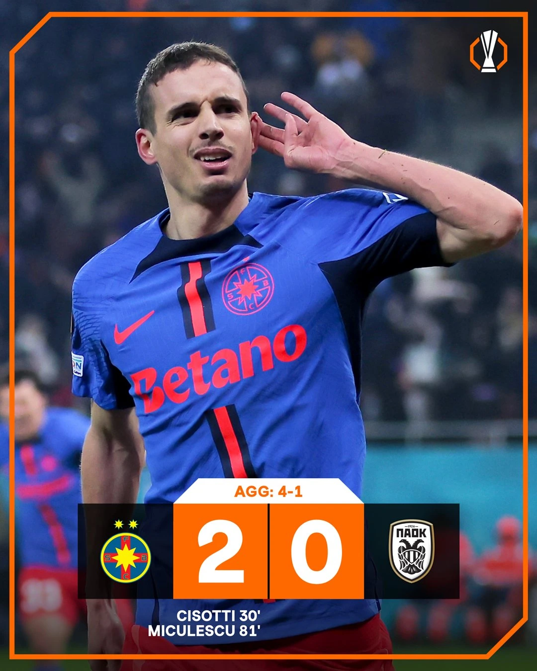 FCSB - PAOK 2-0. FCSB trece cu 4-1 de PAOK in play-off-ul Europa League