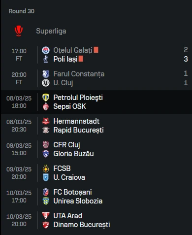 Programul si rezultatele etapei 30 din Superliga